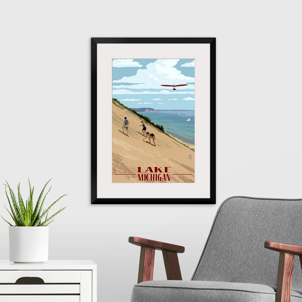 A modern room featuring Michigan - Dunes: Retro Travel Poster