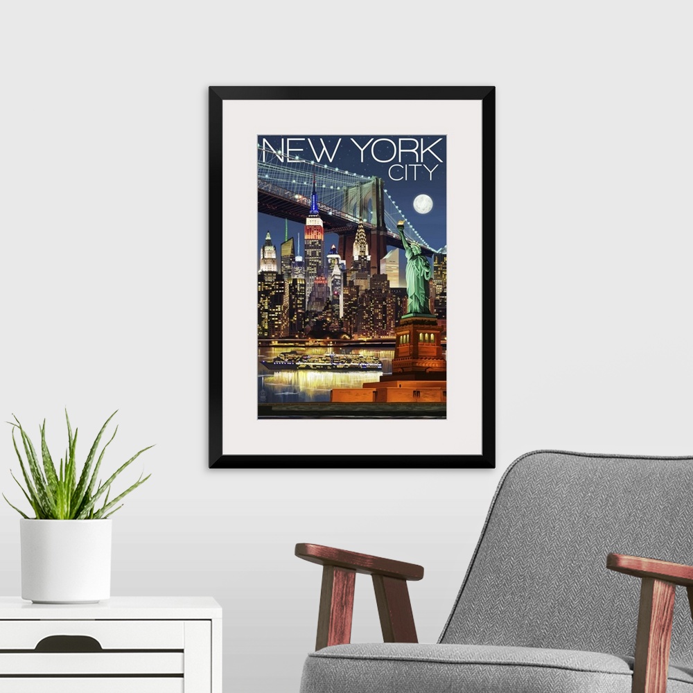 A modern room featuring New York City, NY - Skyline at Night: Retro Travel Poster