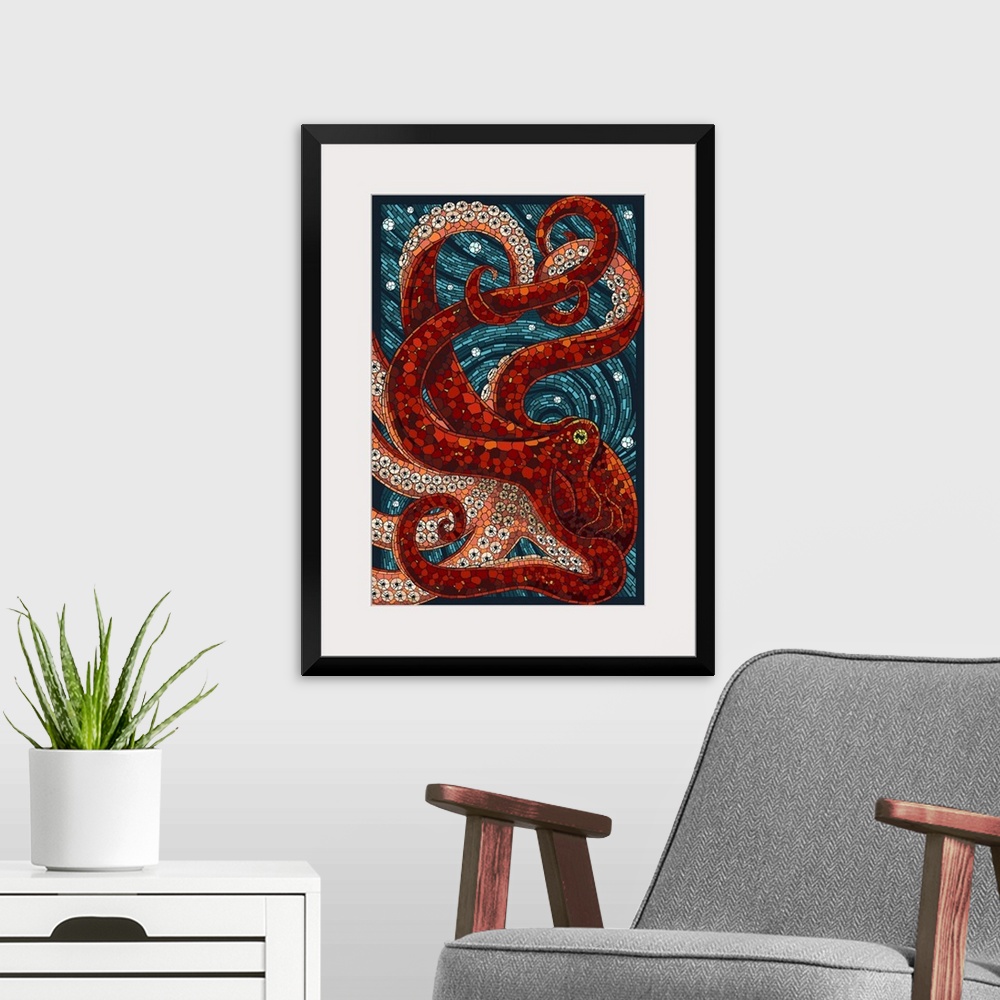 A modern room featuring An intricately flowing mosaic-style image of a large red octopus fills the entire picture. Compli...