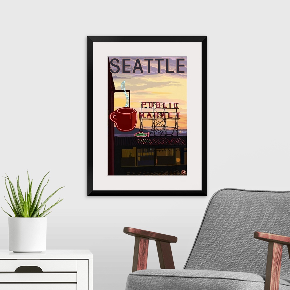 A modern room featuring Pike Place Market - Sign and Water: Retro Travel Poster