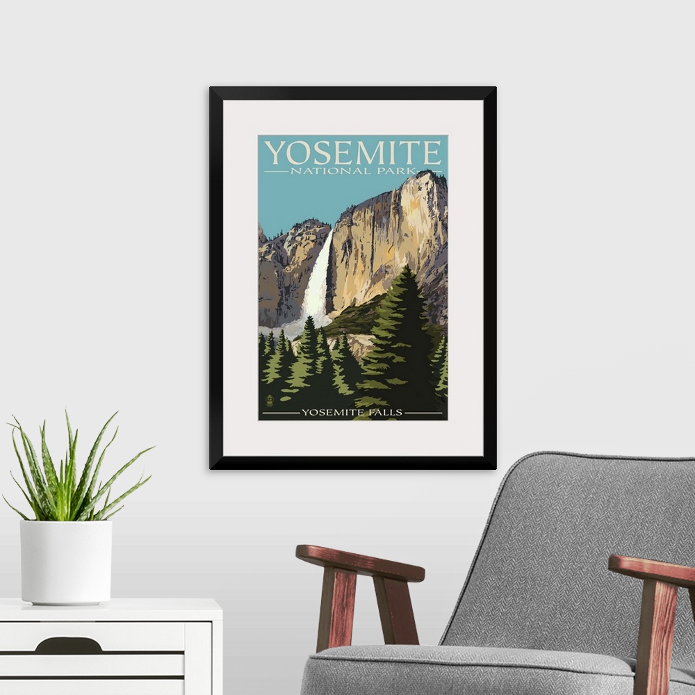 A modern room featuring Yosemite Falls - Yosemite National Park, California: Retro Travel Poster