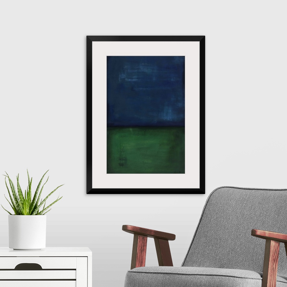 A modern room featuring Contemporary abstract painting of a dark blue and green colorfield.