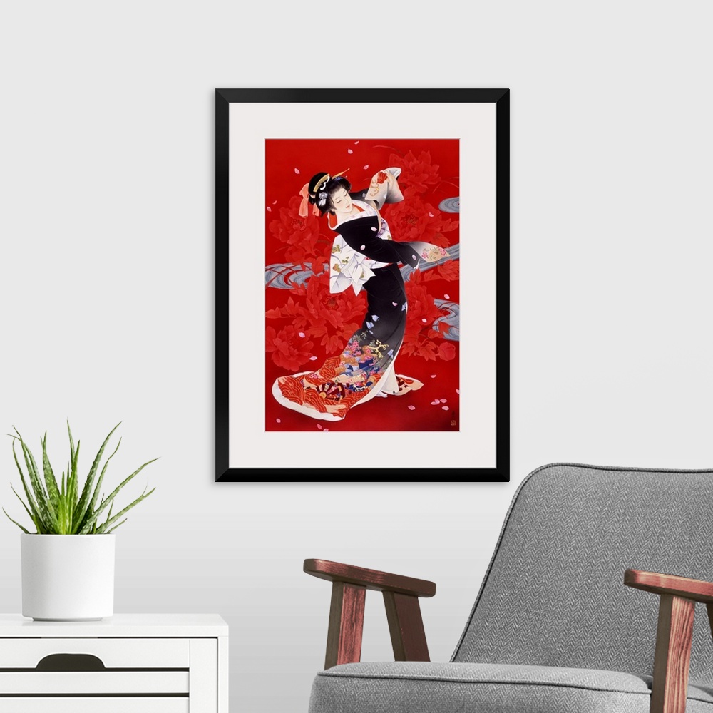 A modern room featuring Contemporary colorful Asian art of a Geisha in beautiful ornate clothing.