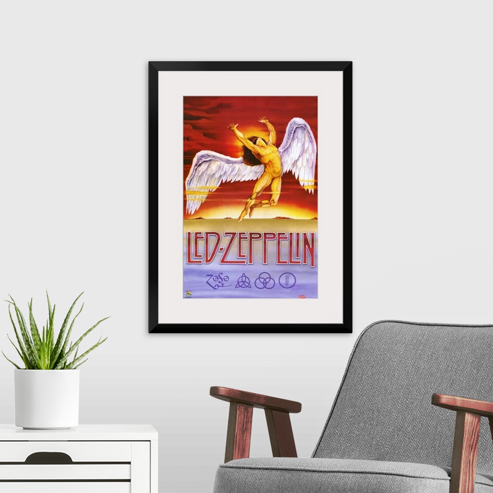 A modern room featuring Vertical, oversized artwork for Led Zeppelin, a muscular, nude, human figure with large wings fly...