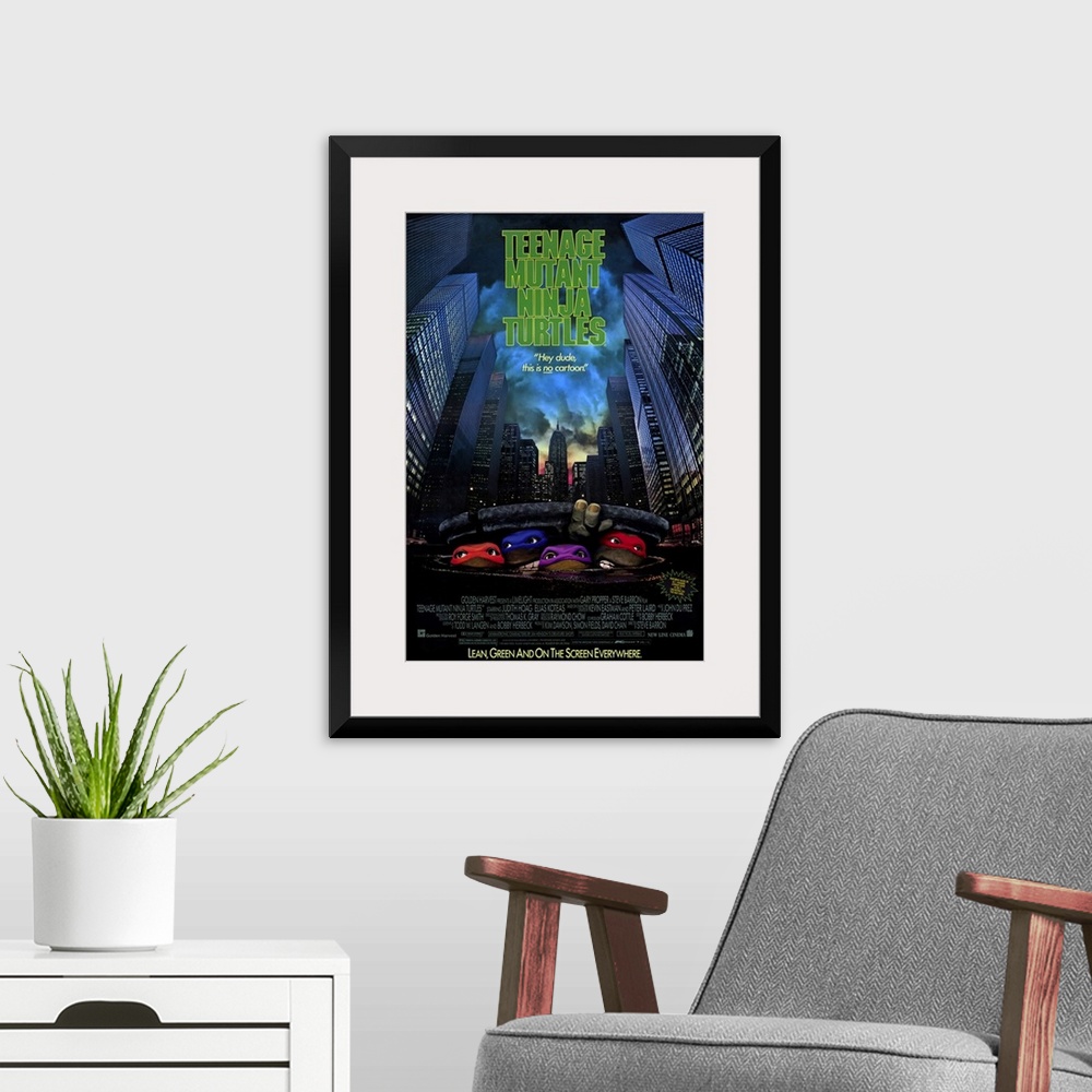 A modern room featuring Poster for the 1989 film "Teenage Mutant Ninja Turtles". It shows the four turtles faces popping ...