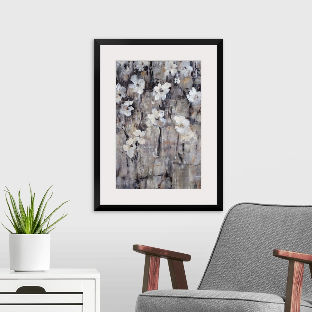 A modern room featuring Contemporary painting of gray-toned florals.