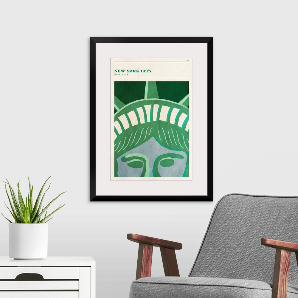 A modern room featuring Vertical modern illustration of a close up the Statue of Liberty.