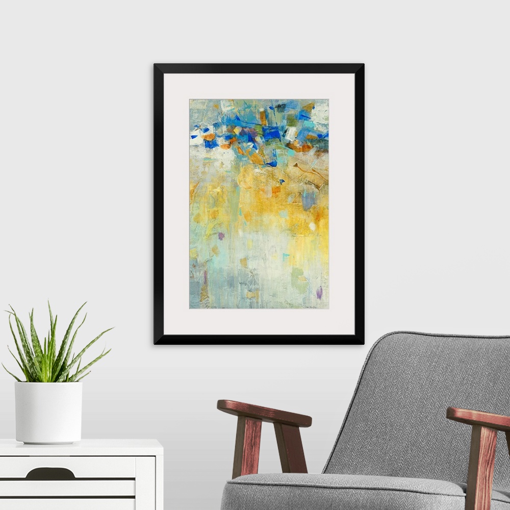 A modern room featuring This vertical abstract painting is created with differ styles of brush strokes and layers of pain...