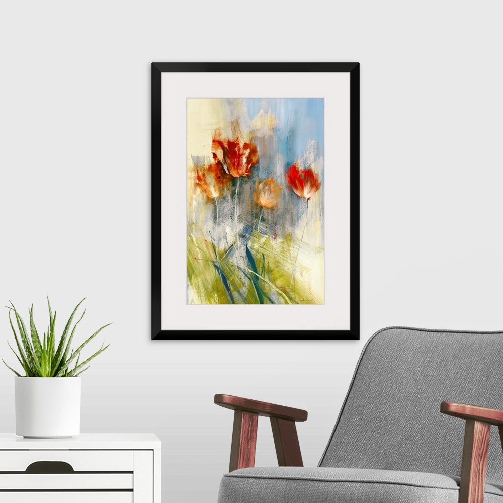 A modern room featuring Huge contemporary art shows a group of four flowers.  Artist predominantly uses earth tones and l...