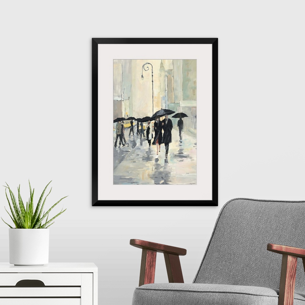 A modern room featuring Contemporary painting of people walking in the street downtown in the rain with umbrellas. Their ...
