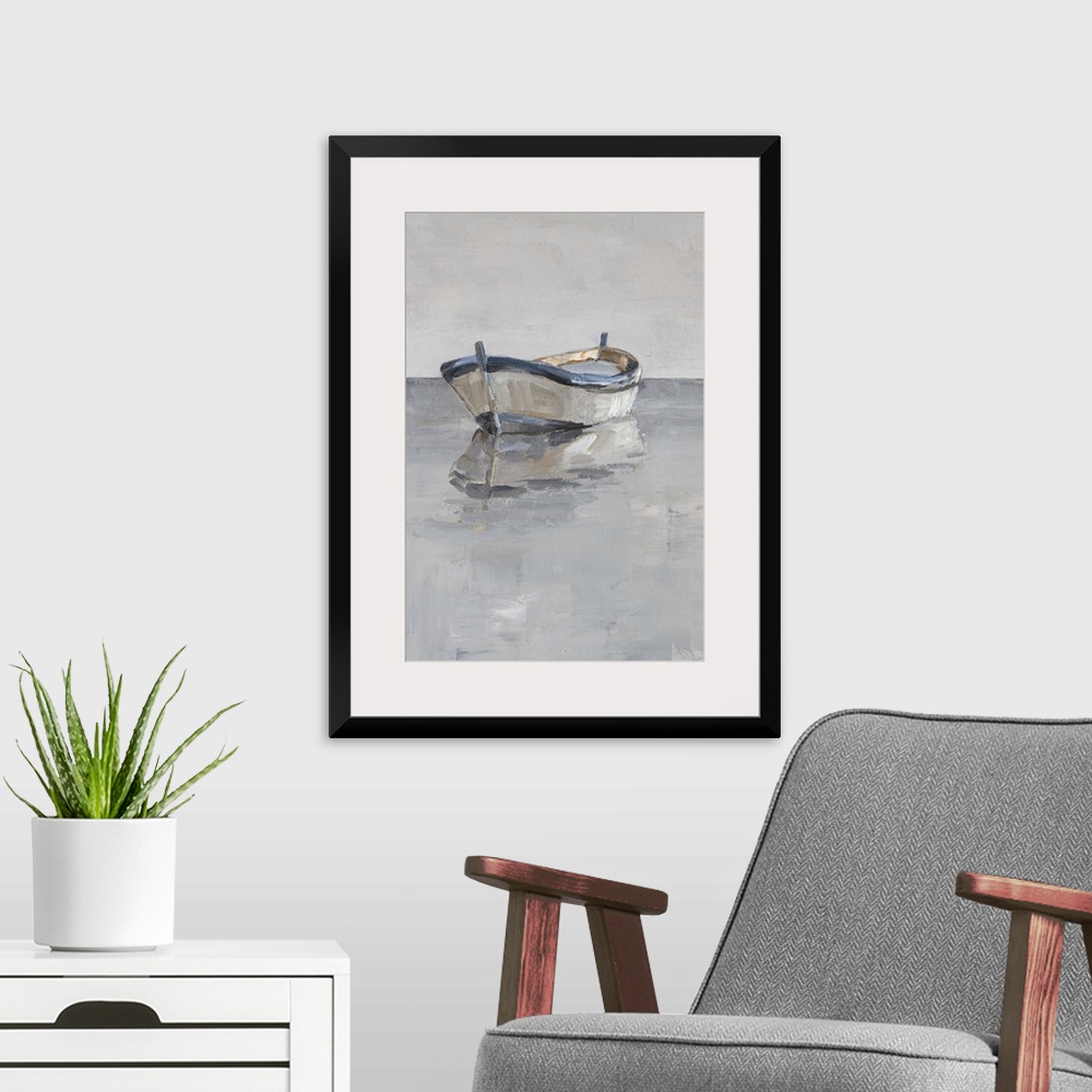 A modern room featuring Contemporary painting of a boat sitting on the ocean in various gray tones.