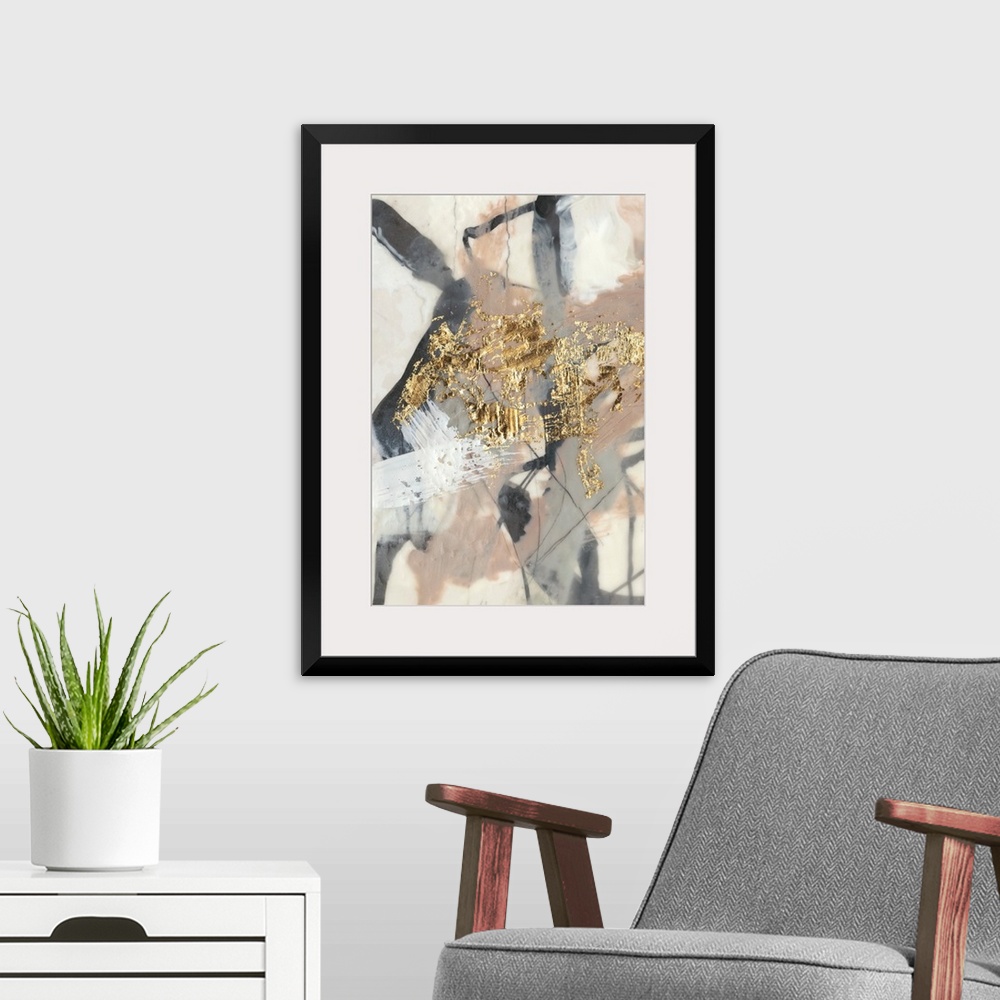 A modern room featuring Abstract of chaotic brush strokes of gray, black and beige in washed out shaded on a cream backgr...