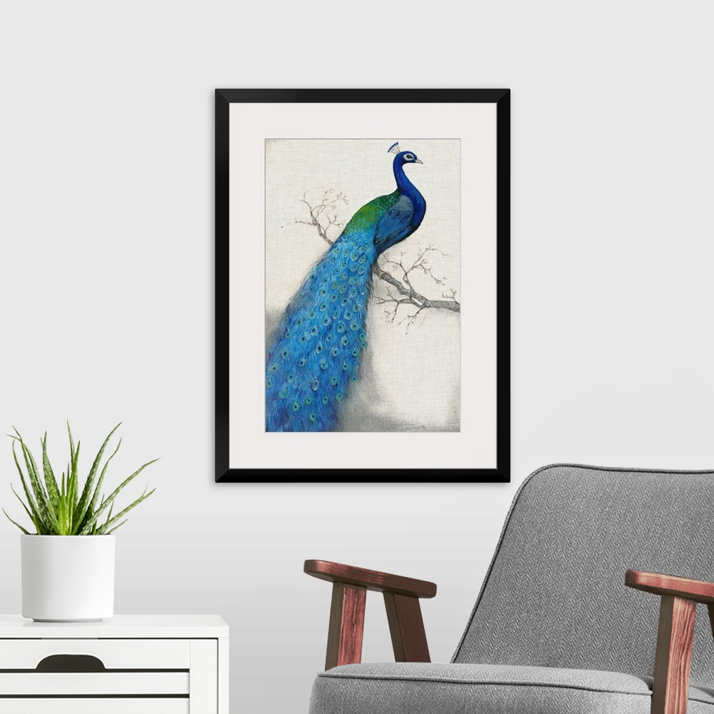 A modern room featuring Vertical, large artwork of a vibrant peacock sitting on a branch, its tail feathers flowing downw...