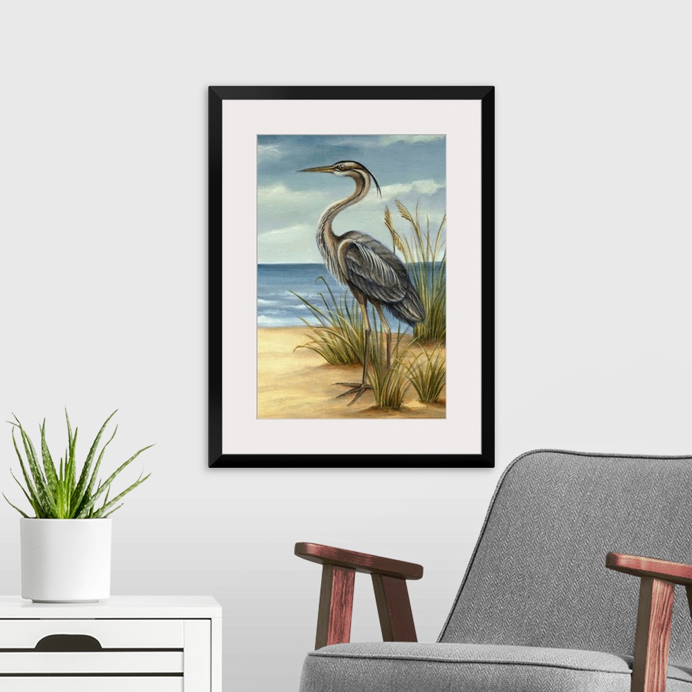 A modern room featuring Image of a tall heron standing among clumps of sea grass. This traditional painting is reminiscen...