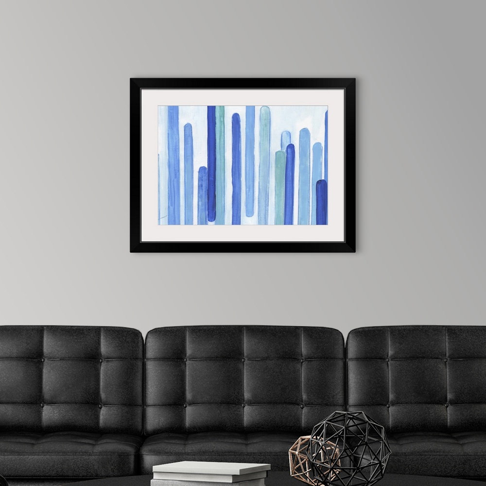 A modern room featuring Contemporary abstract artwork made of several vertical lines in blue tones.