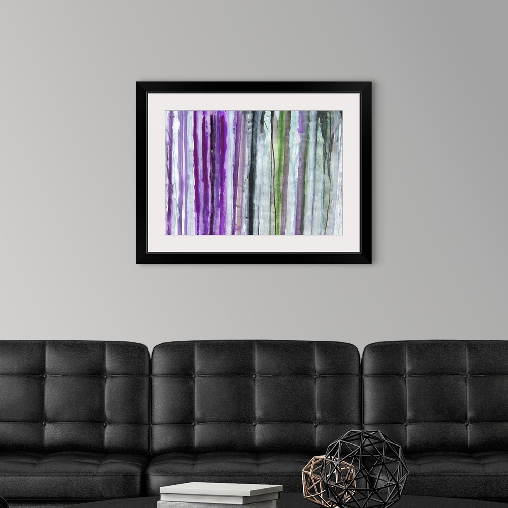 A modern room featuring Contemporary abstract artwork of vertical paint strokes in shades of purple and grey.