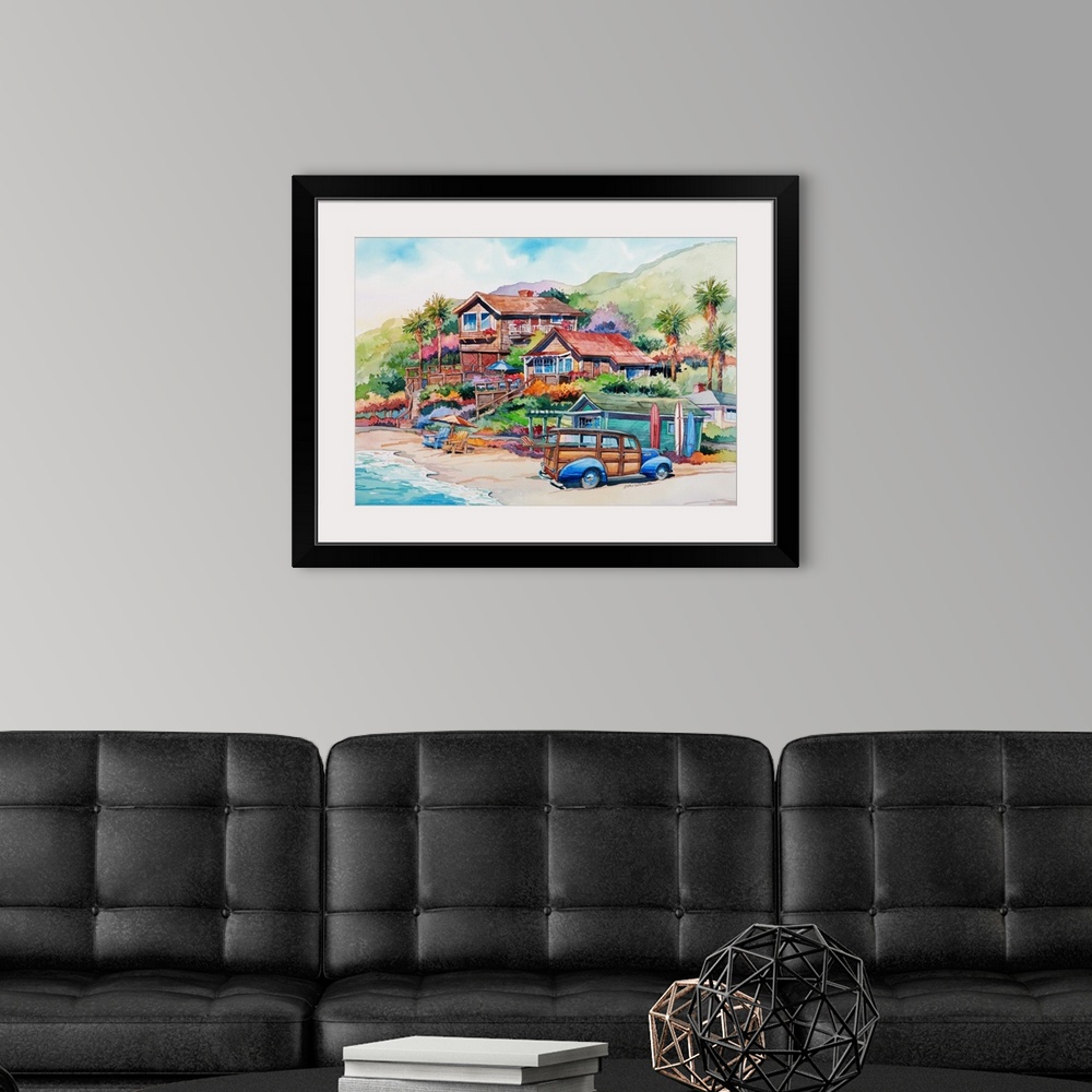 A modern room featuring Watercolor of a woodie on the beach in Crystal Cove, Newport Beach, CA.