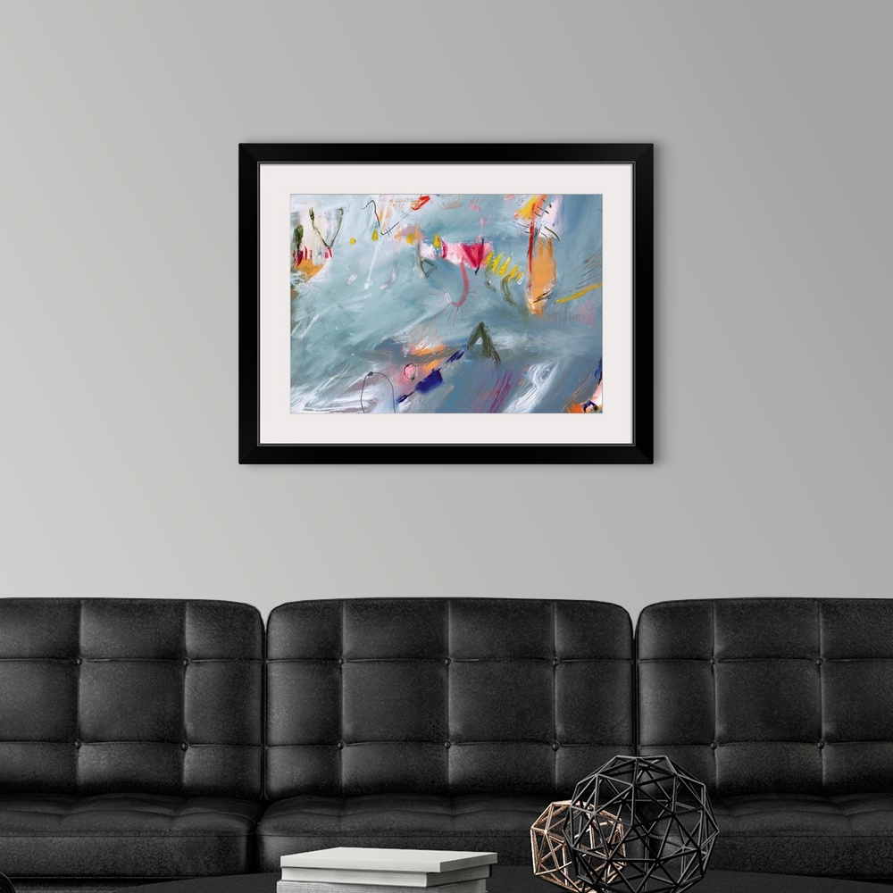 A modern room featuring An abstract painting with amoeba like shapes swimming around the streaky paint textures in the ba...