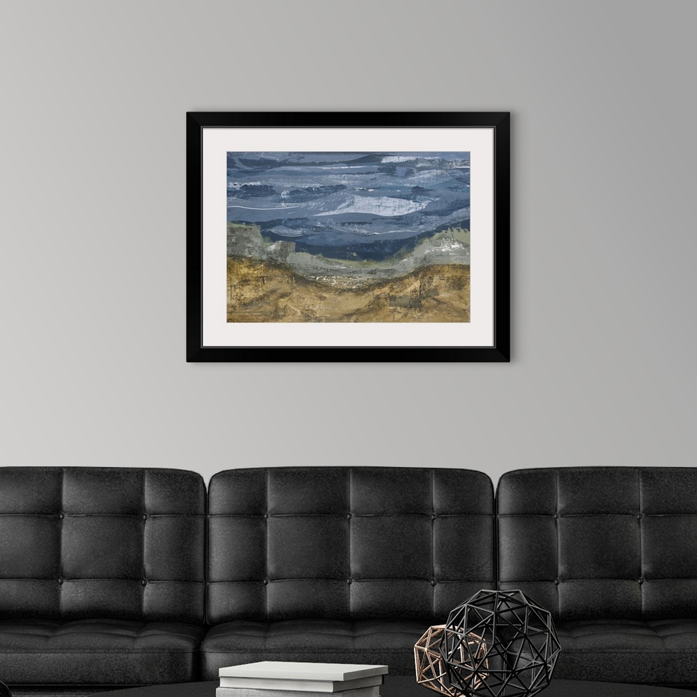 A modern room featuring Abstract painting of a landscape with rolling hills and a green valley in the distance and a wavy...