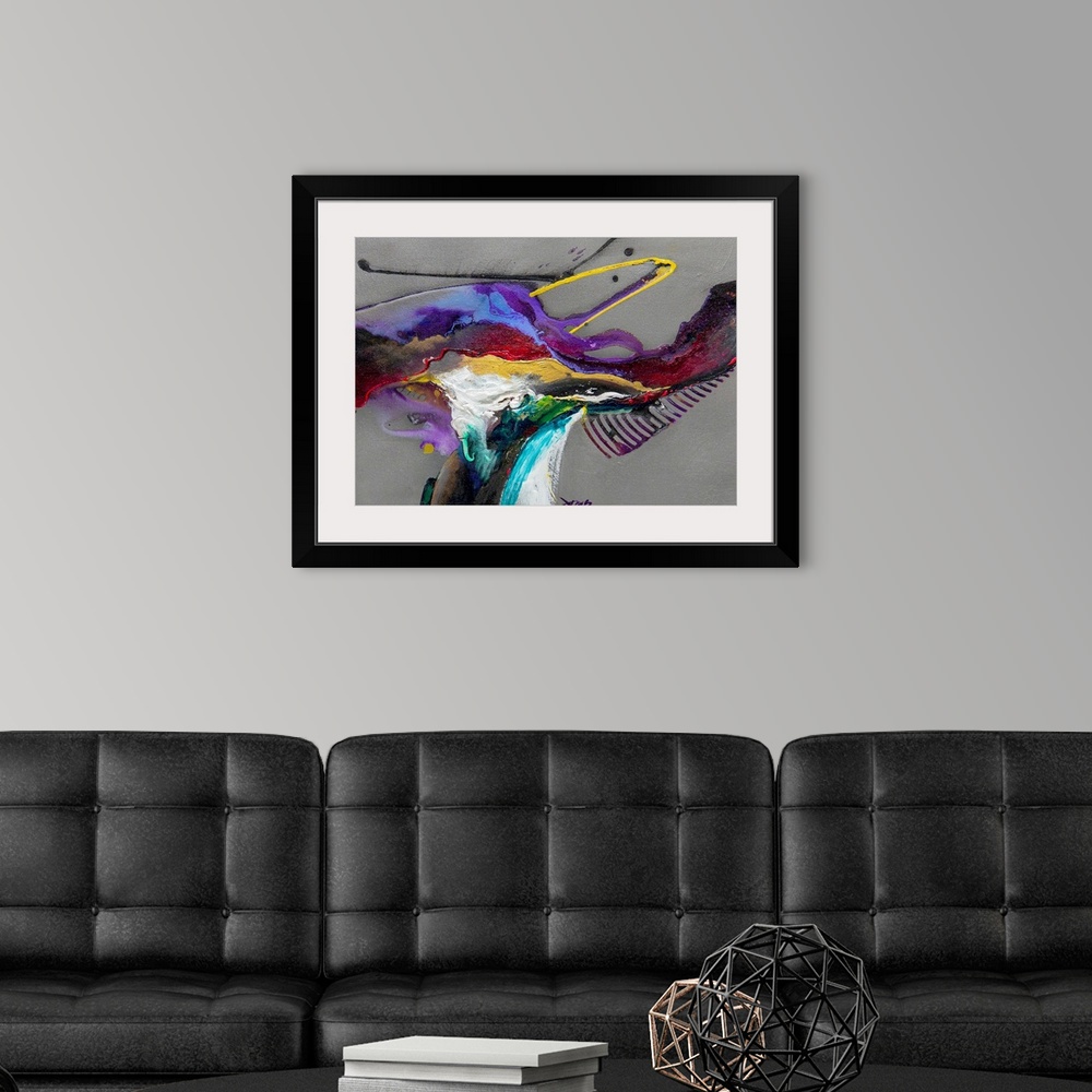 A modern room featuring Abstract modern art featuring colored thick and thin line streaks on a neutral background.