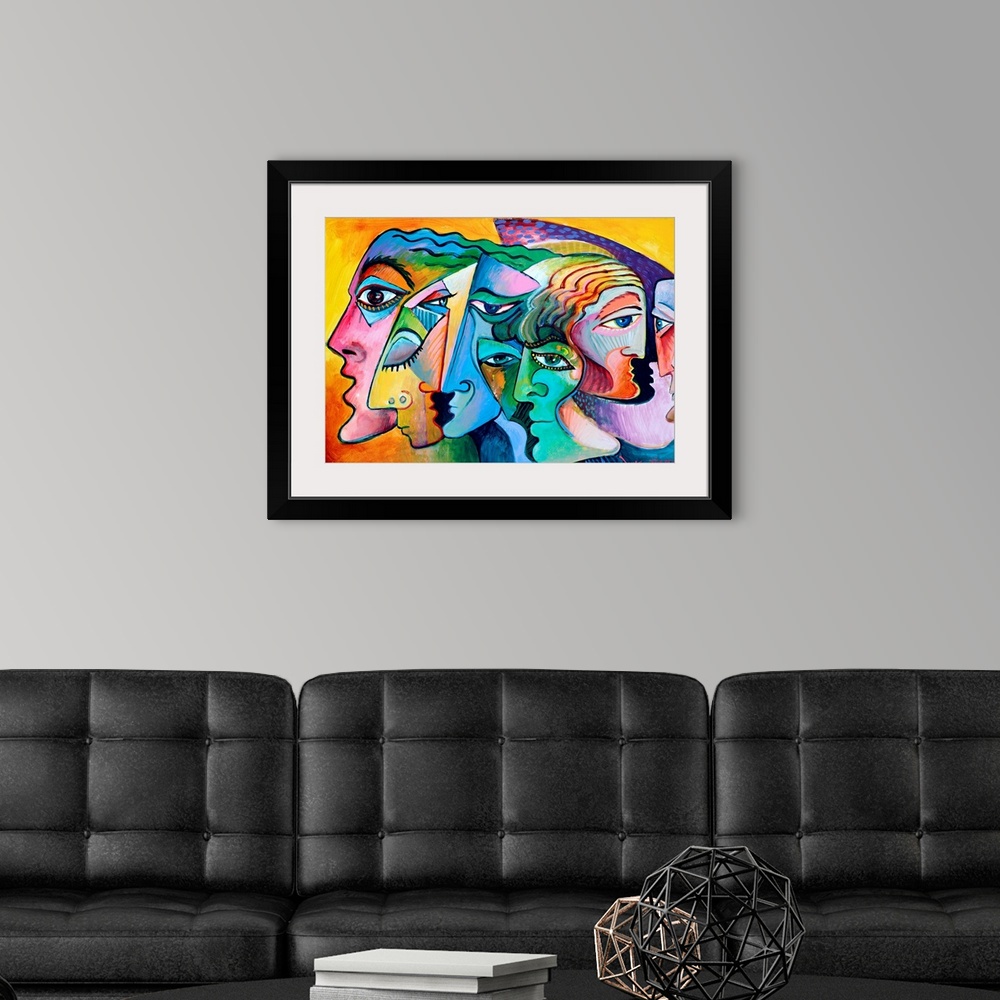 A modern room featuring Contemporary painting of the profiles of several figurative inspired faces.
