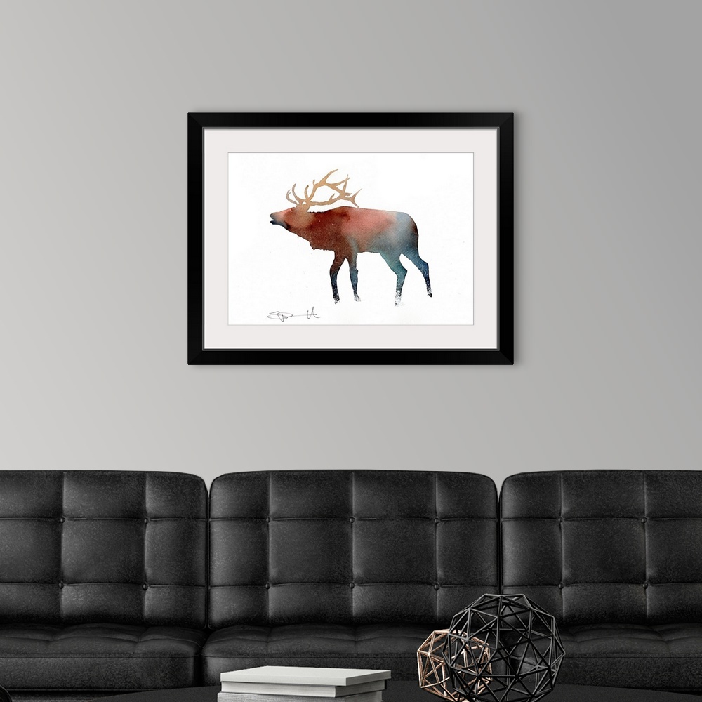 A modern room featuring Watercolor painting of an elk silhouette.
