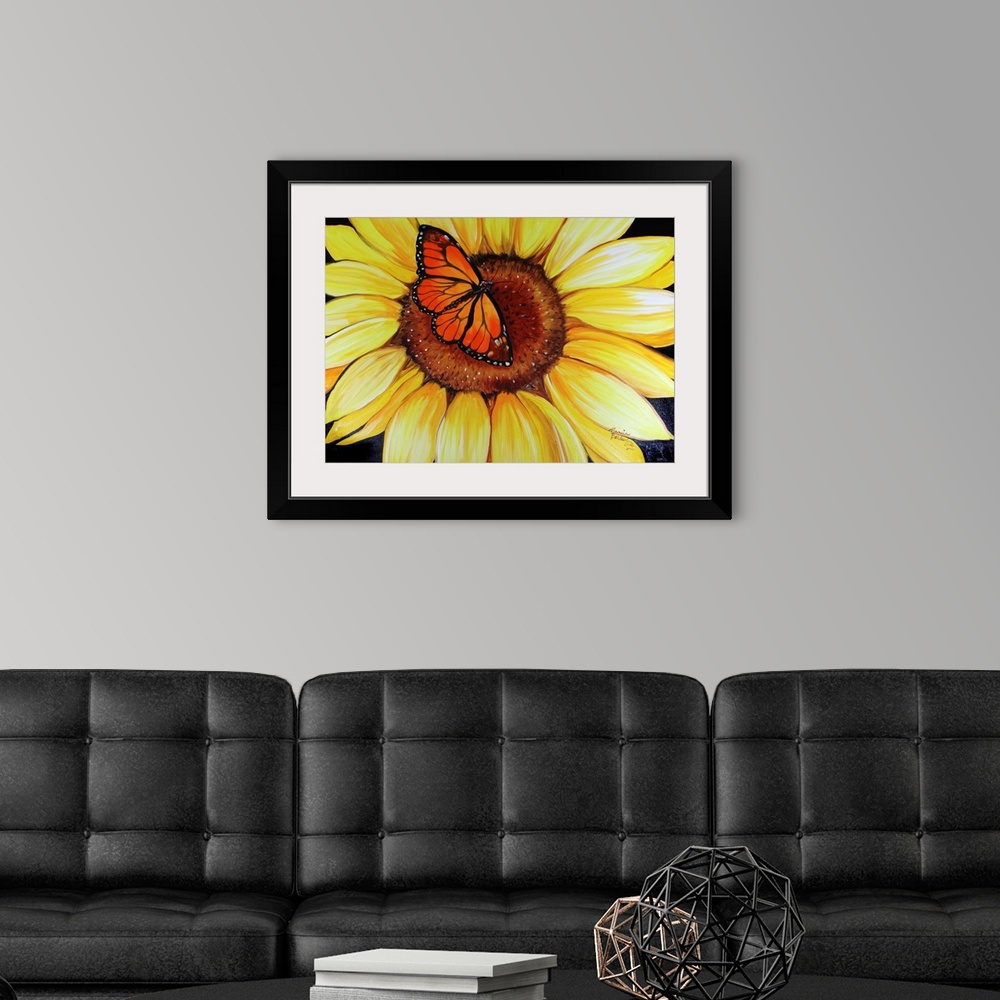 A modern room featuring Contemporary painting of a sunflower with an orange butterfly in the center.