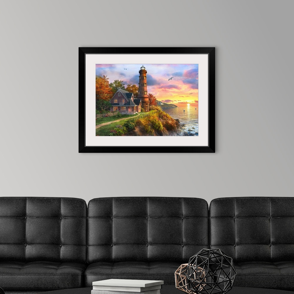 A modern room featuring Illustration of the lighthouse overlooking an ocean at sunset.