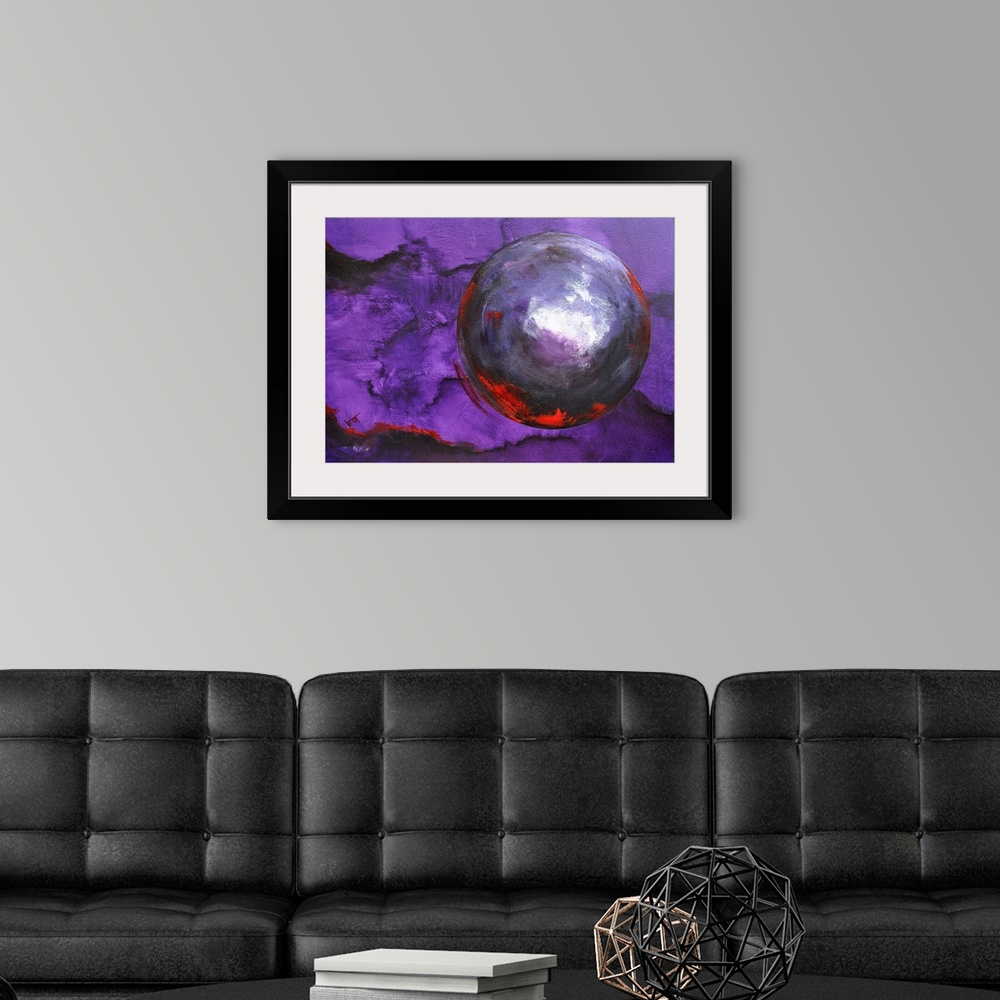 A modern room featuring Abstract painting of circles and bold textures of paint in colors of purple, white and red.
