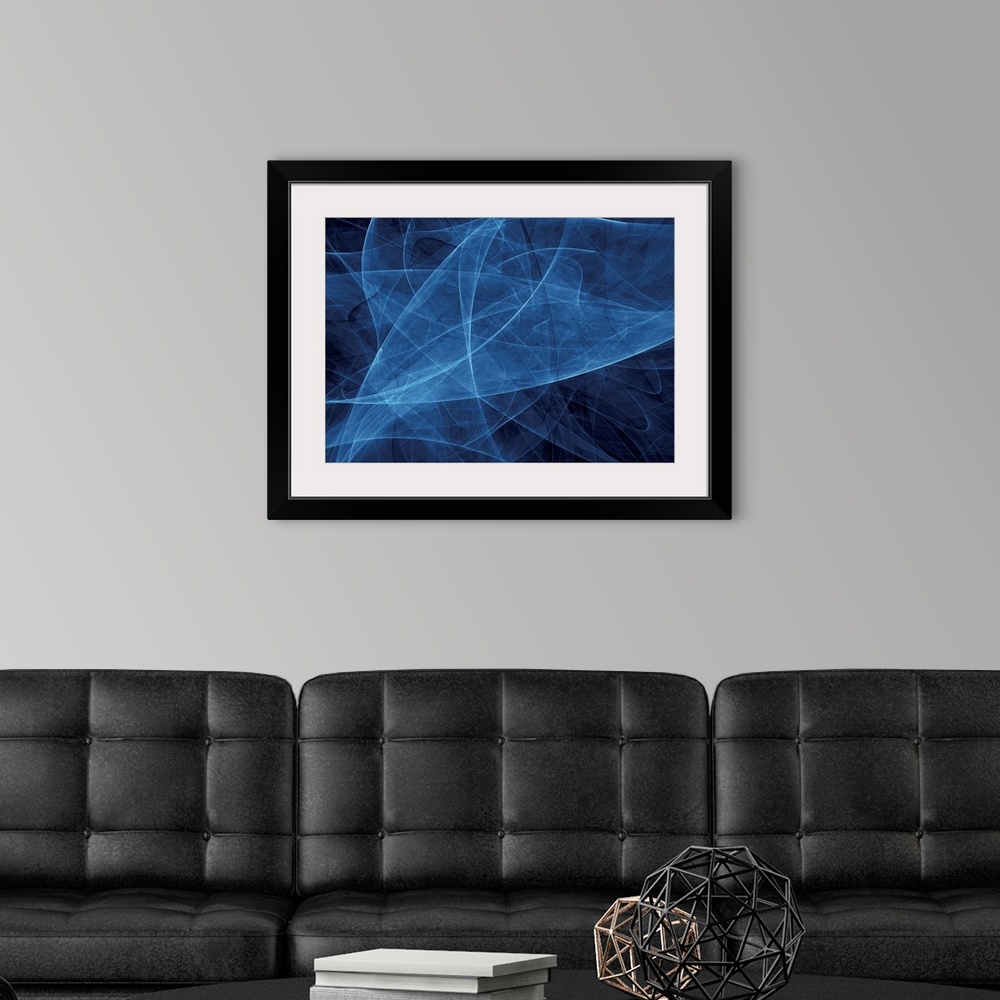 A modern room featuring Contemporary abstract image of pulsing light bands overlapping each other, creating layers of var...