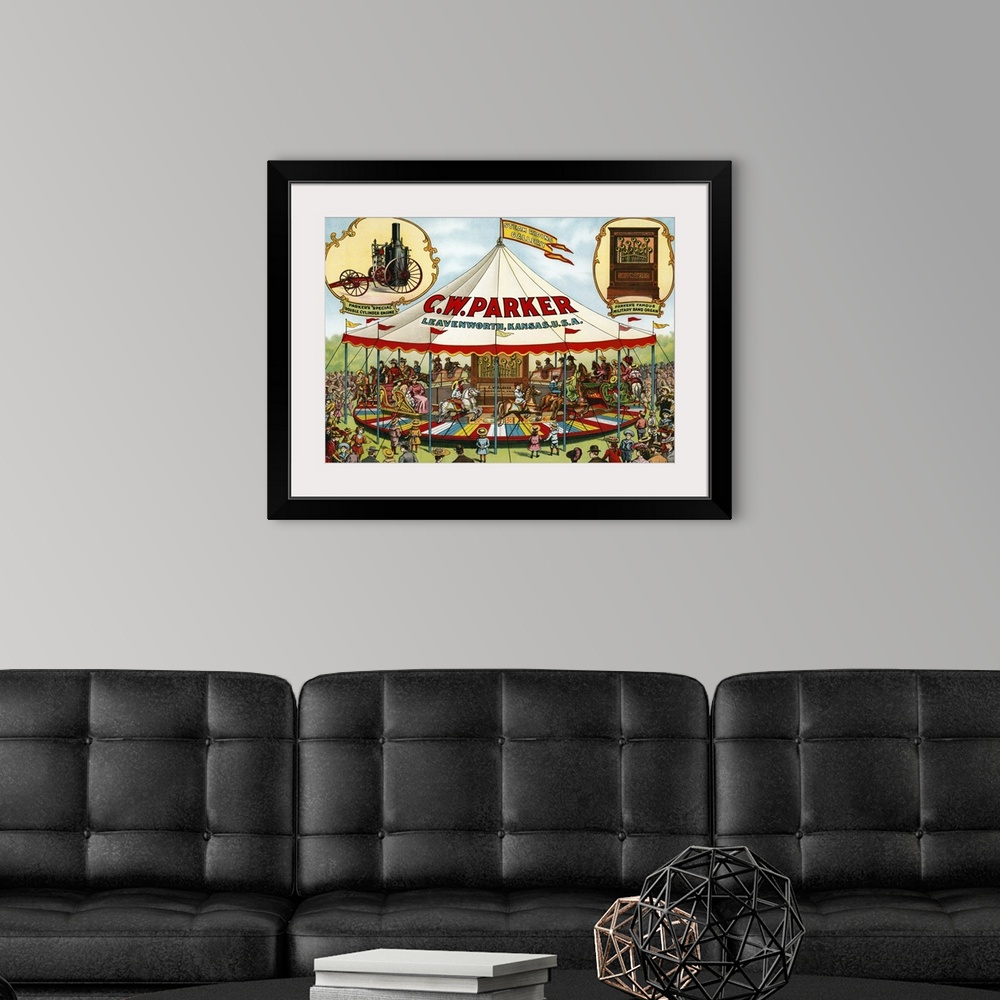A modern room featuring Vintage circus poster of CW Parker Steam riding gallery Special double cylinder engine Military b...