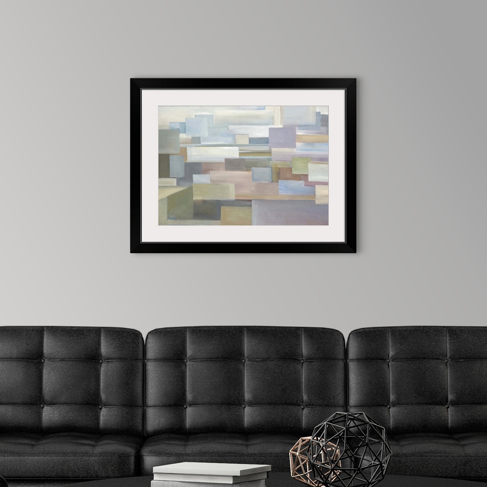 A modern room featuring Contemporary abstract painting using pale muted tones and geometric shapes.