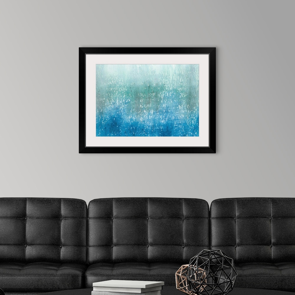 A modern room featuring Contemporary abstract painting using tones of blue in cascading and gradating movements.