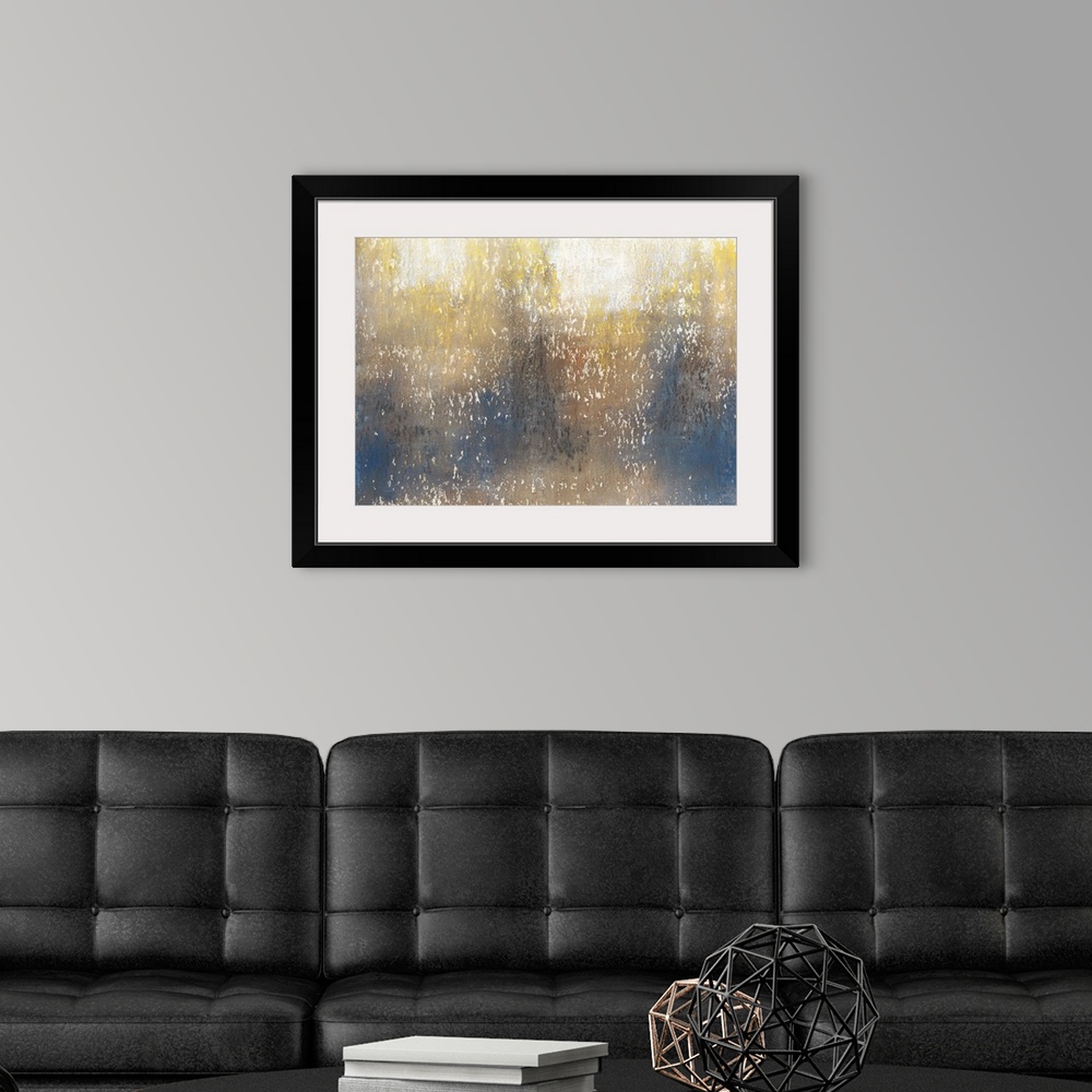 A modern room featuring Contemporary abstract painting using tones of gold in cascading and gradating movements.