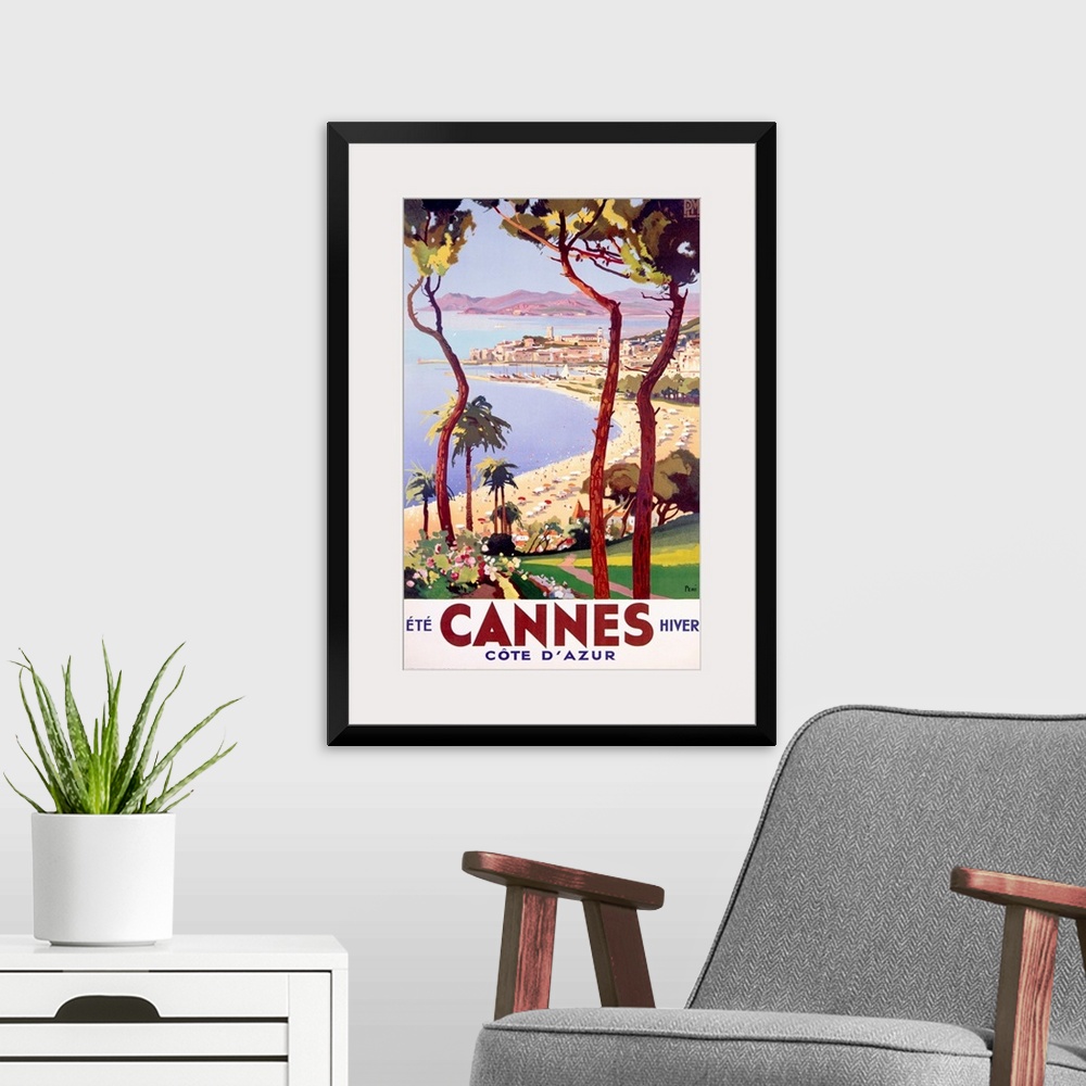 A modern room featuring Classic travel advertisement for the Cote d'Azur often known in English as the French Riviera.