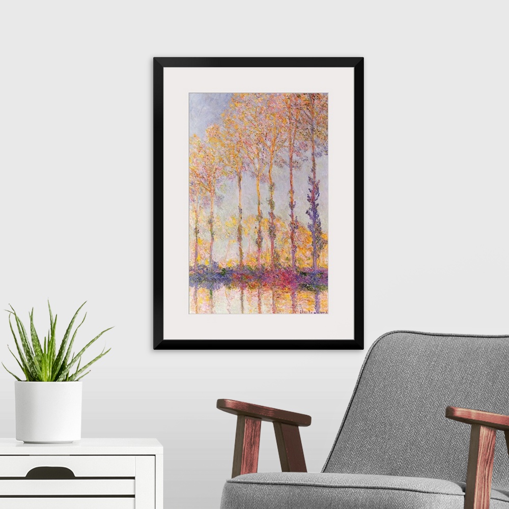 A modern room featuring This Impressionist vertical panting makes use of a pastel color palette to capture the fading day...