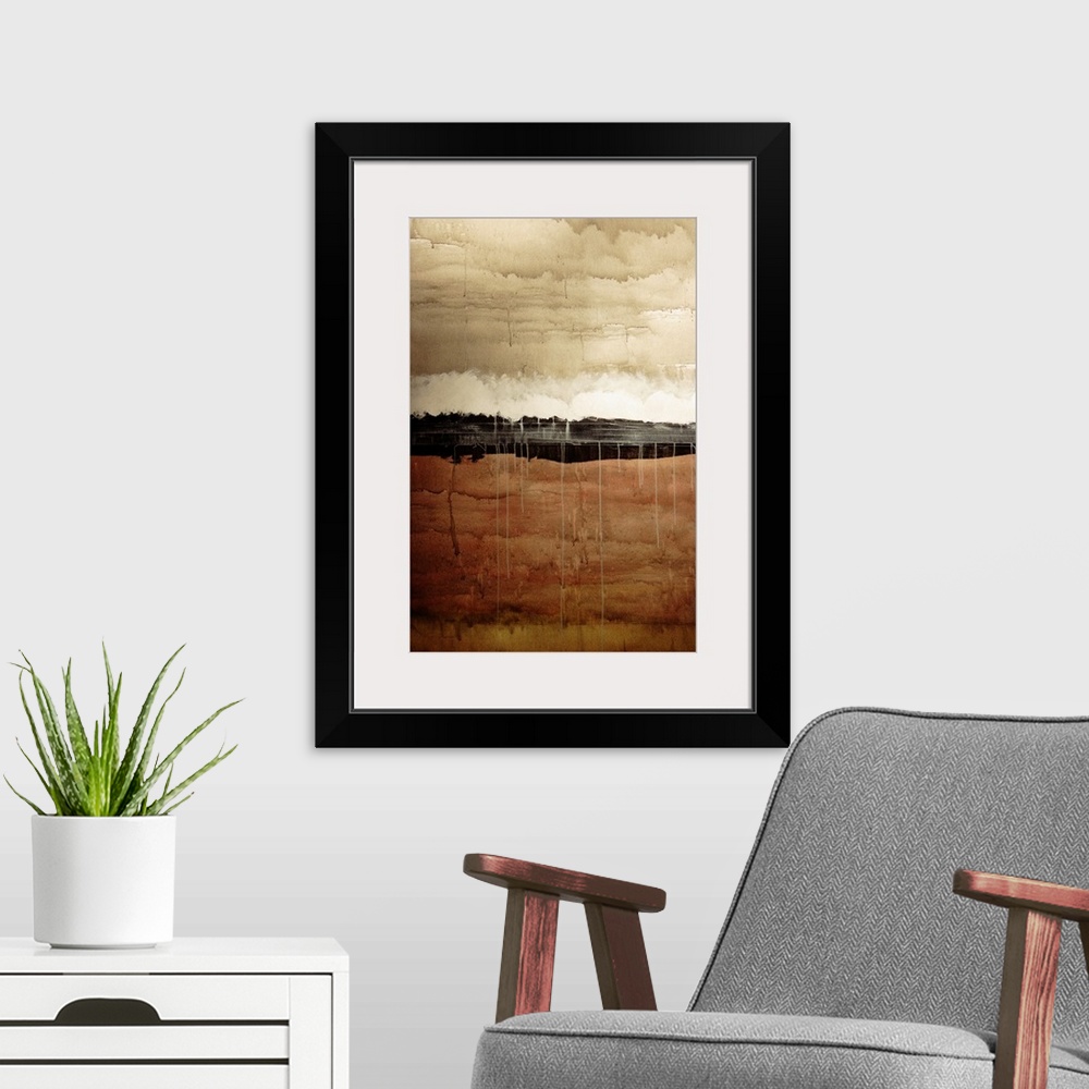 A modern room featuring Dawn, Abstract Painting In Brown And White (Acrylic Painting).