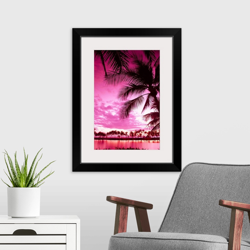 A modern room featuring Hawaii, Big Island, Anaeho'omalu Bay, Sunset With Palm Trees
