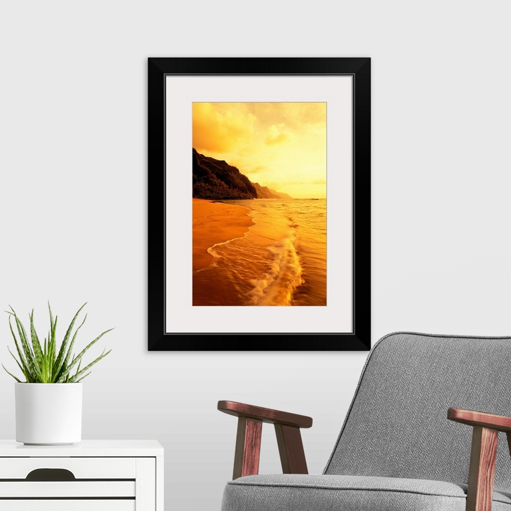 A modern room featuring Hawaii, Kauai, Na Pali Coast, Beach At Sunset, With Foamy Surf And Cliff In Background