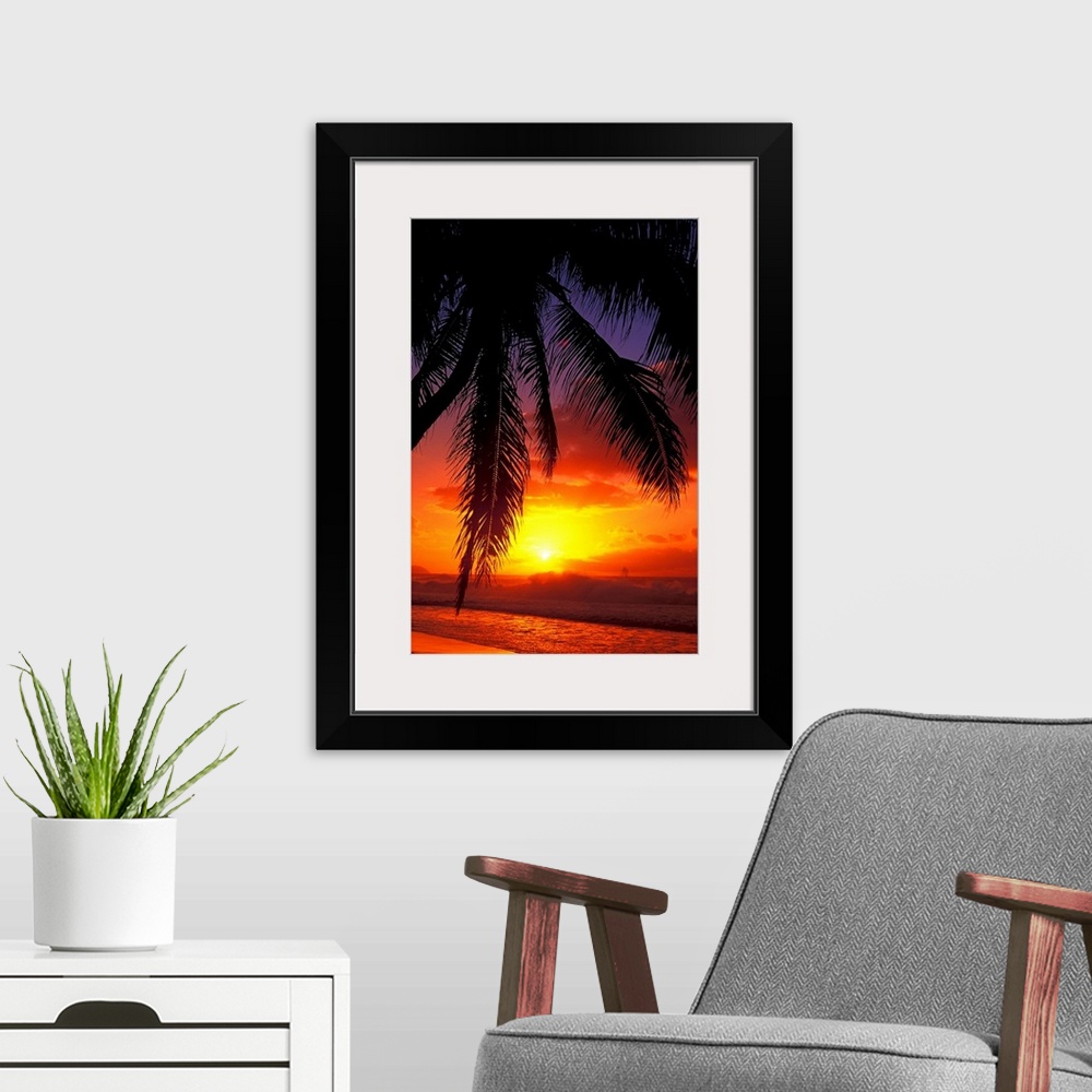 A modern room featuring Vertical, large photograph of the silhouette of a palm tree swaying over the shoreline in Hawaii,...