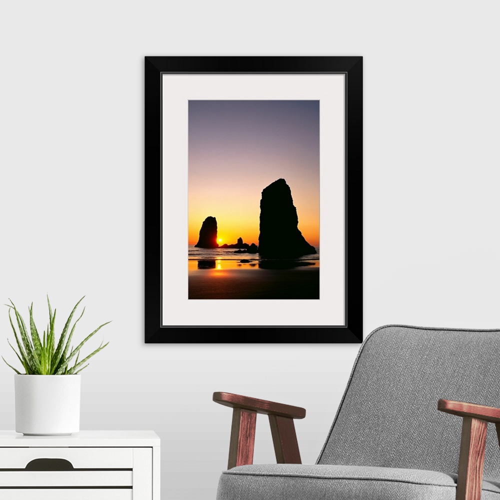 A modern room featuring Oregon, Cannon Beach, Sea Stacks At Sunset