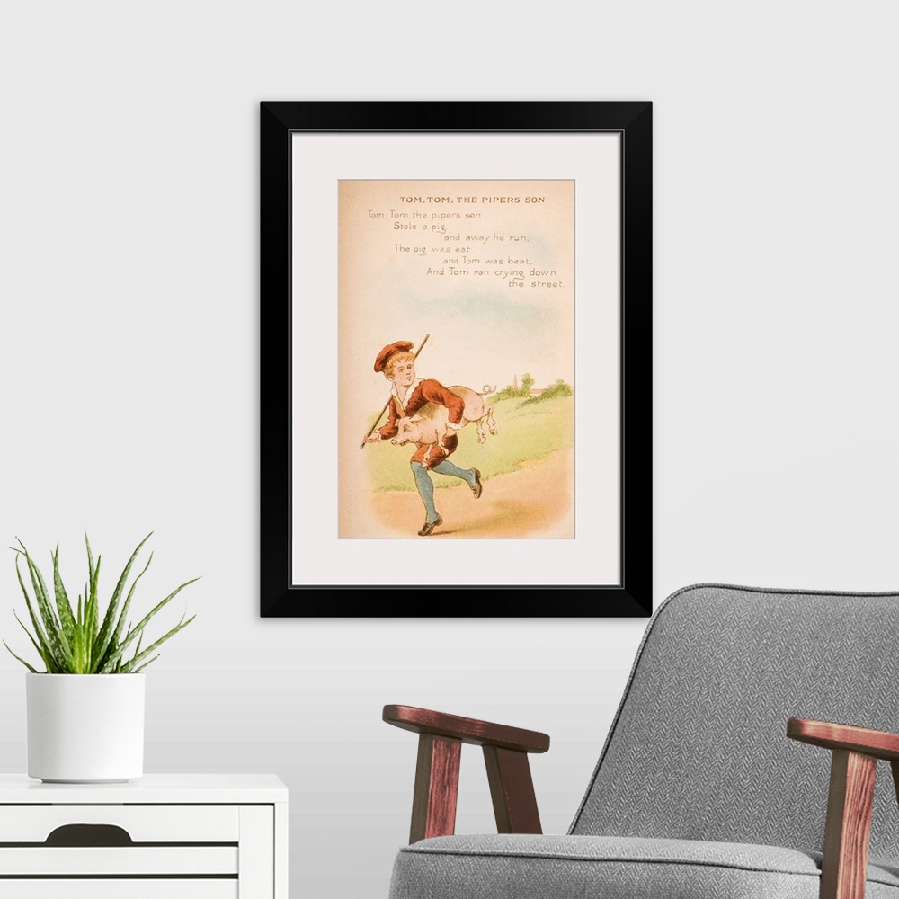 A modern room featuring Nursery Rhyme And Illustration Of Tom Tom The Piper's Son From "Old Mother Goose's Rhymes And Tal...