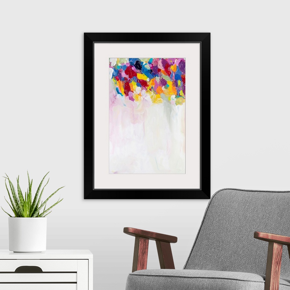 A modern room featuring Contemporary abstract painting with colorful spots at the top over a large white area.