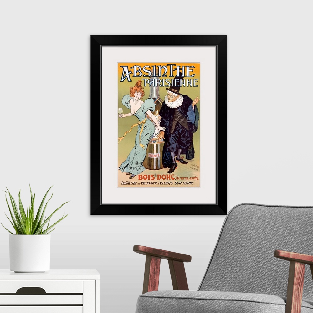 A modern room featuring Vertical, large vintage advertisement for Absinthe Parisienne of a young woman in a dress holding...