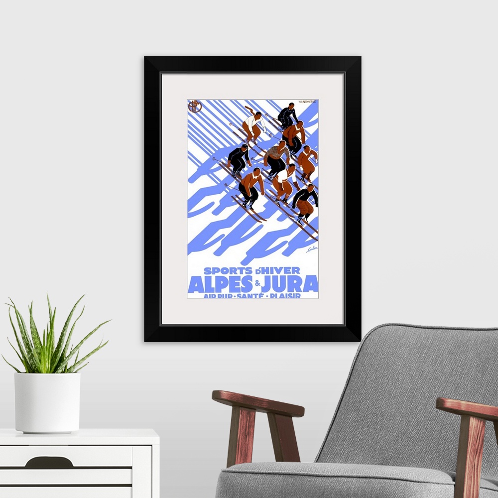 A modern room featuring Alpes & Jura, Sports d'Hiver, Vintage Poster, by Eric De Coulon