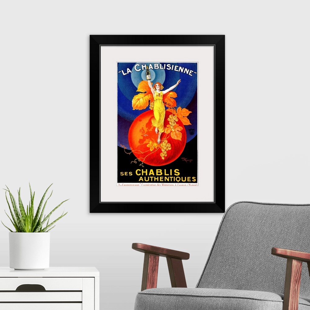 A modern room featuring Colorful vintage advertising poster for white wine, featuring a glamorous red-headed woman standi...