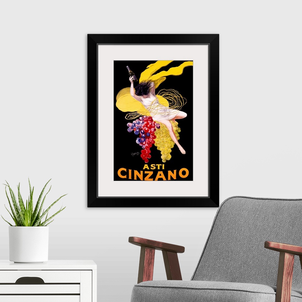 A modern room featuring Vintage advertising poster for the Cinzano beverage, featuring a woman in a white dress atop larg...
