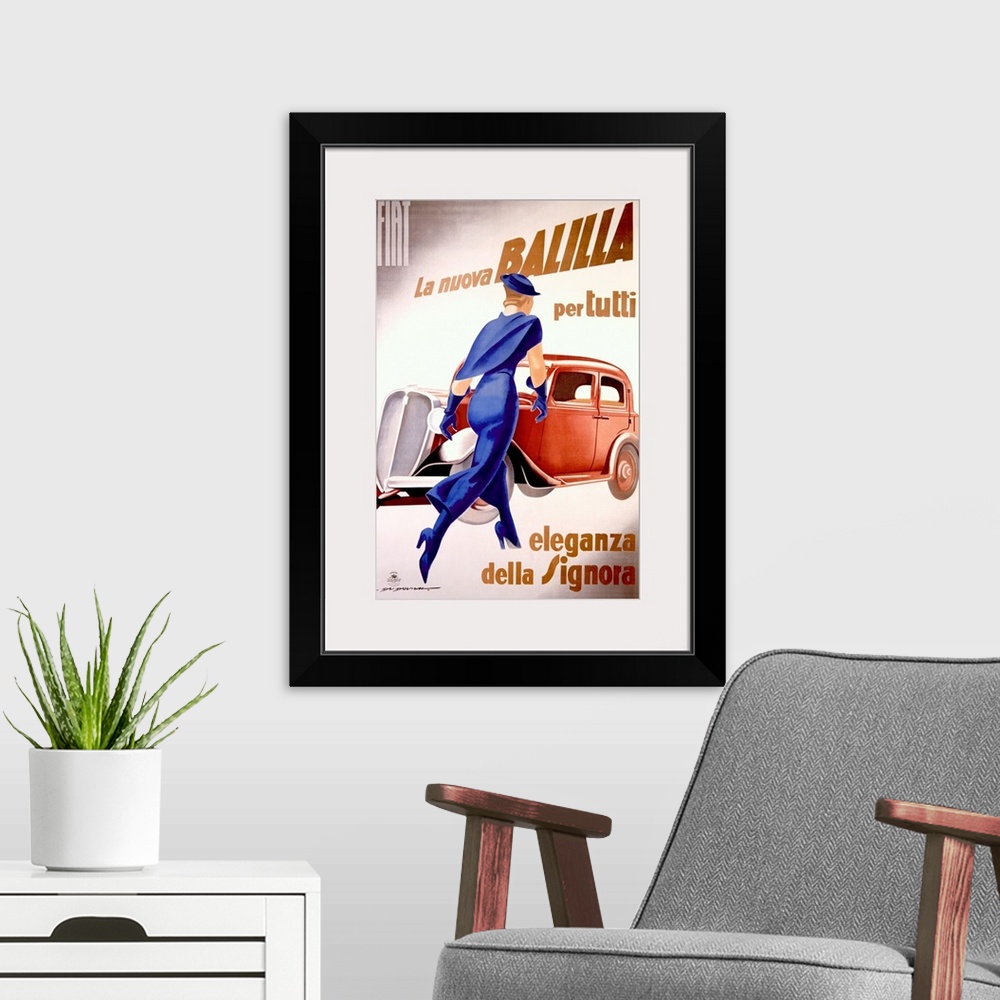 A modern room featuring This is a vertical, vintage advertisement in the Art Deco style for the Italian car Fiat that sho...