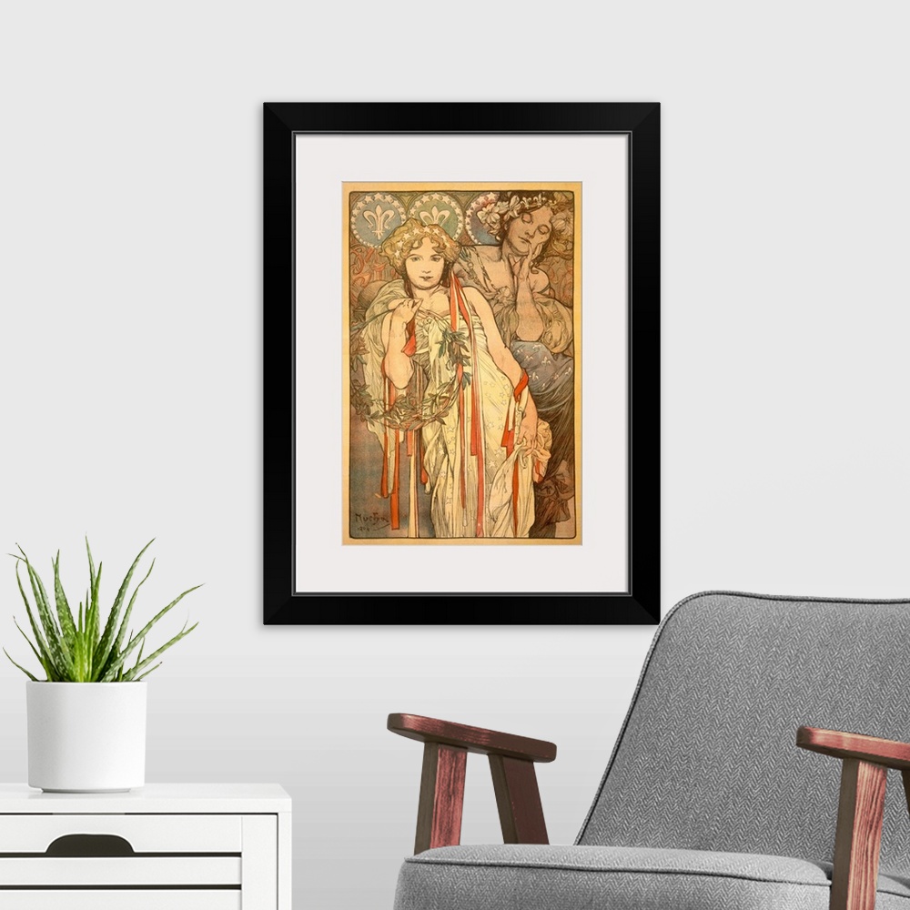 A modern room featuring Large, vertical vintage poster art of two women in flowing dresses with elaborate hair pieces.  T...