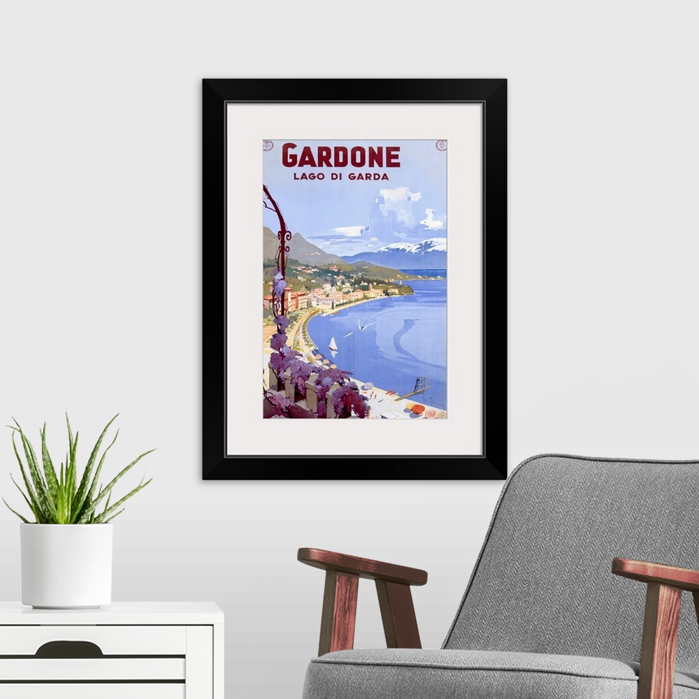 A modern room featuring Gardone, Lago Di Garda, Vintage Poster
